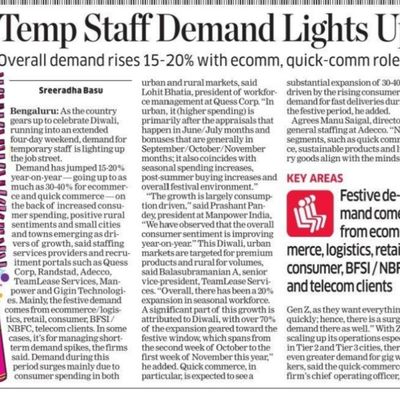 Temporary staff demand spikes ahead of Diwali